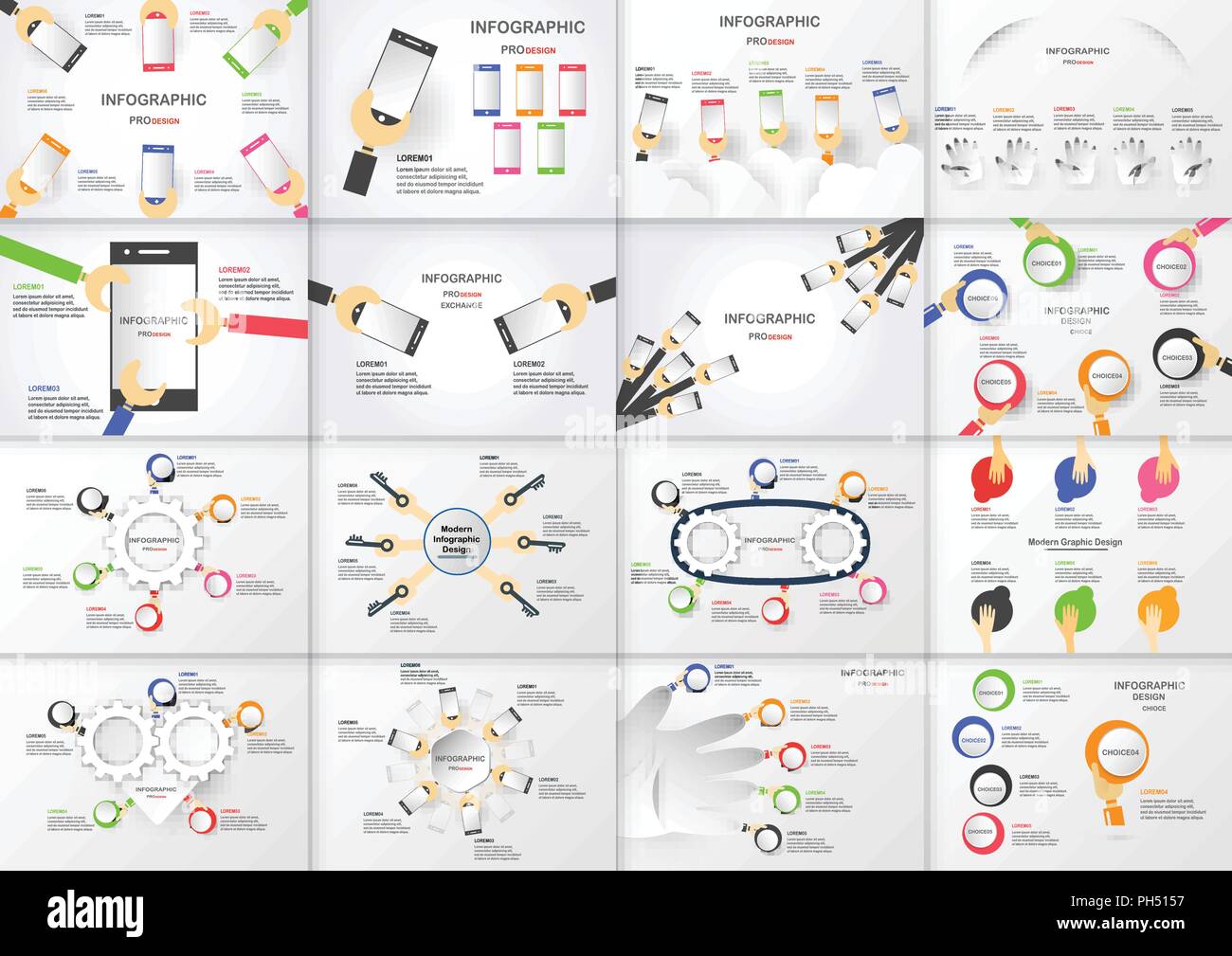 Ensemble d'infographies élément avec main tenant cercle coloré fort et téléphone mobile. Des graphiques pour la présentation d'affaires avec copie espace sur gris backgroun Illustration de Vecteur