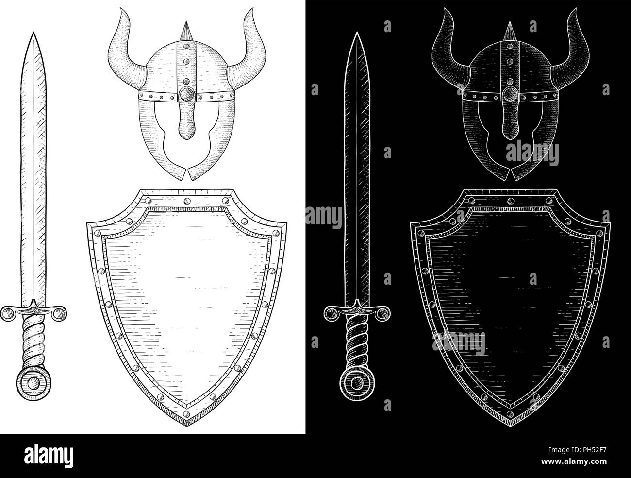 L'équipement guerrier médiéval - l'épée, le bouclier et le casque. Croquis dessinés à la main, Illustration de Vecteur