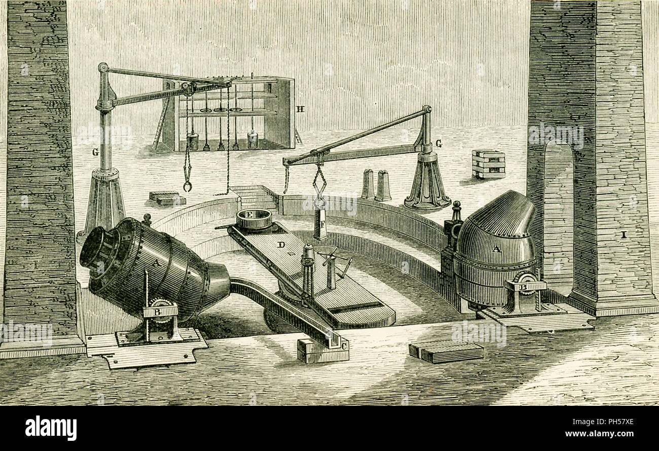 Cette illustration dates pour les années 1870 et montre la fabrication de l'acier Bessemer apparatur. Le Bessemer processus a été la première méthode découvert pour les produire de l'acier. Il a été nommé en l'honneur de Sir Henry Bessemer de l'Angleterre. Le navire, convertisseur, dans lequel il a eu lieu, est un bâtiment en forme d'œuf, d'environ 3,5 mètres de diamètre, en fer forgé, en deux parties et doublée en l'intérieur avec un revêtement épais infusible fabriqué à partir de briques au feu au sol et un certain type de grès. Les deux parties sont unies par des brides boulonnées ensemble fortement, et le convertisseur d'humeur sur les tourillons, dont un qui est creuse et admettre Banque D'Images