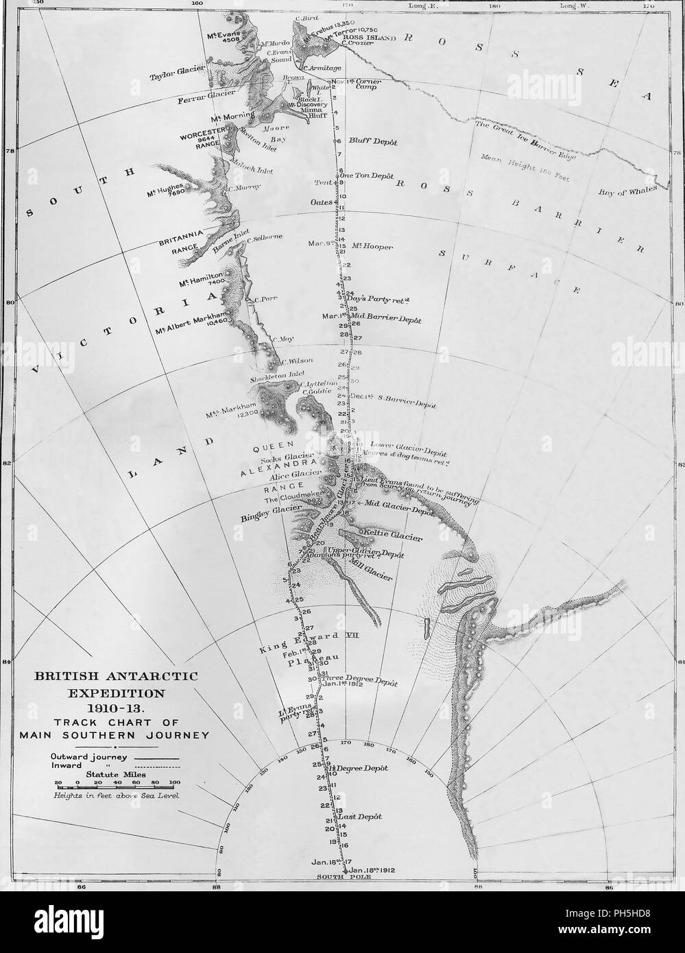 'Map - British Antarctic Expedition 1910-13. Tableau de suivi des principaux parcours' du Sud, 1913. Artiste : Inconnu. Banque D'Images