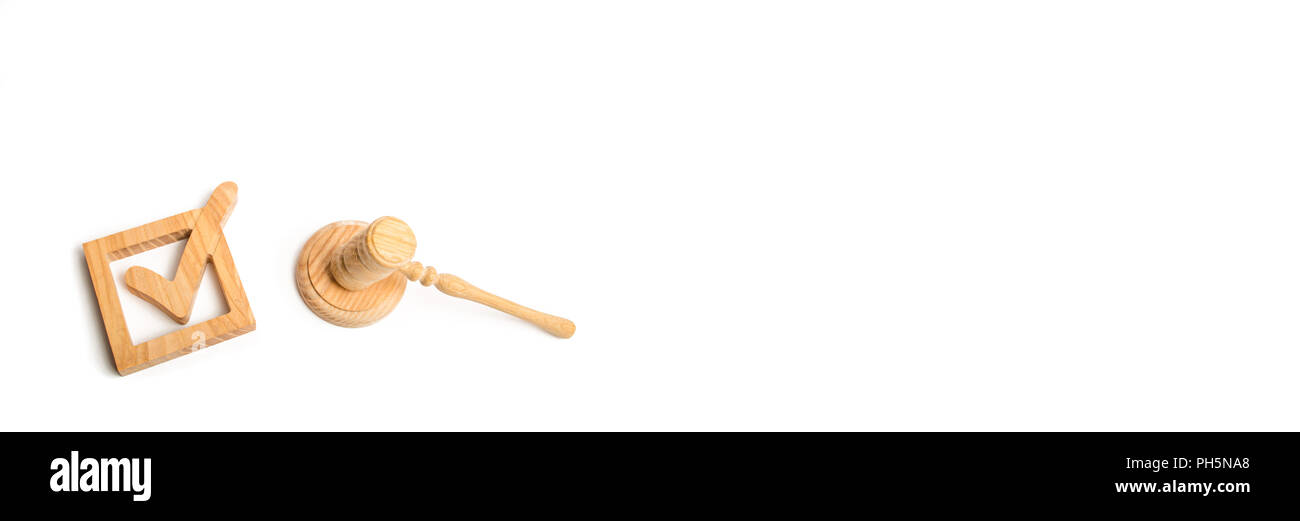 Case à cocher et un marteau du juge. Coche. Le concept d'une décision judiciaire. Référendum et élections. Résolution, l'approbation de la loi. Banque D'Images