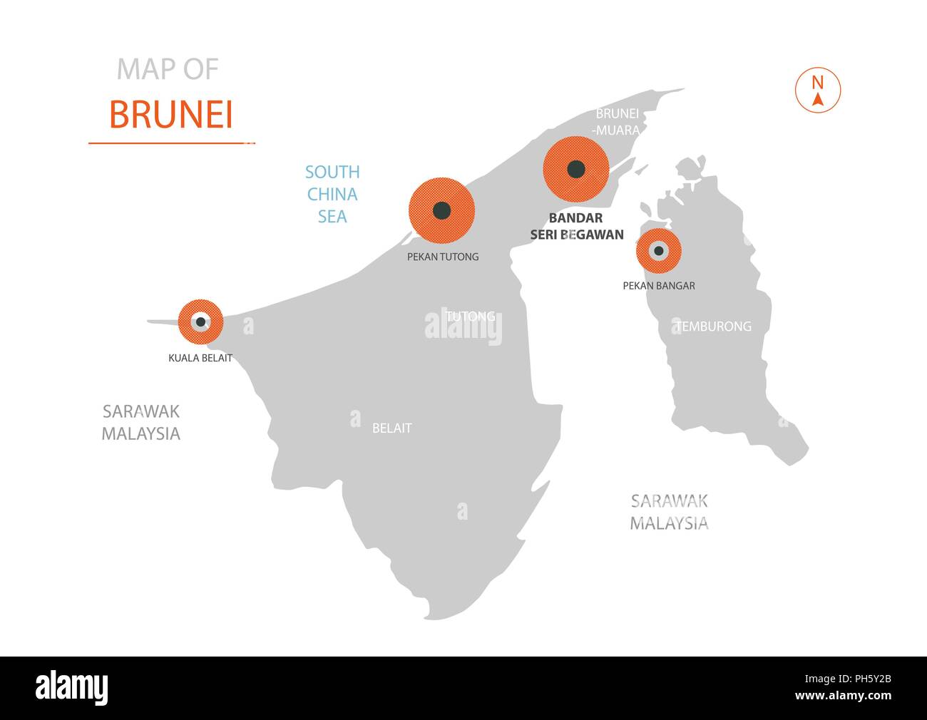 Vecteur stylisé Brunei carte montrant les grandes villes, la capitale Bandar Seri Begawan, les divisions administratives et les frontières du pays. Illustration de Vecteur
