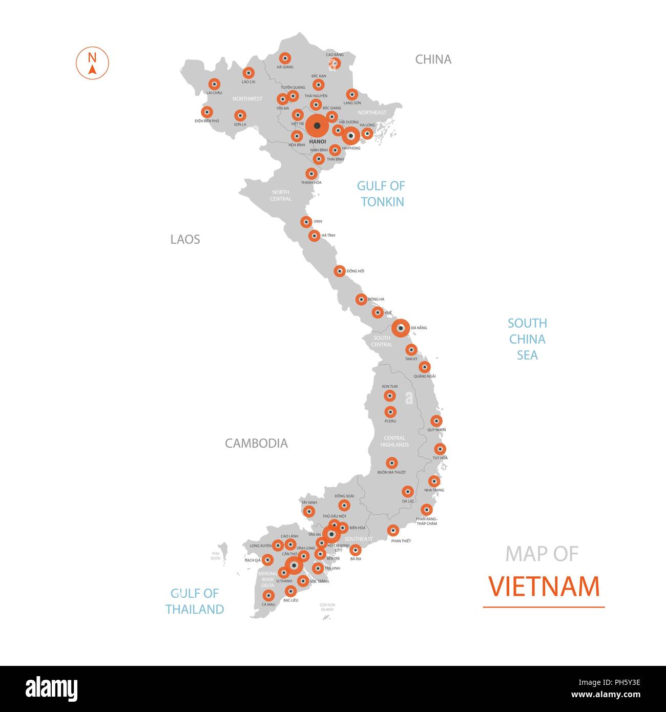 Vecteur stylisé Vietnam Carte montrant les grandes villes, la capitale Hanoi, divisions administratives. Illustration de Vecteur