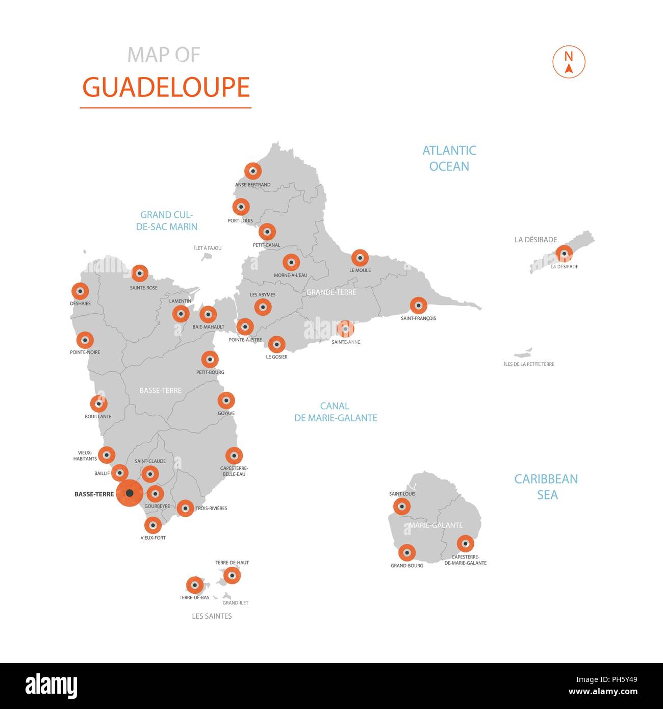 Vecteur stylisé Guadeloupe carte montrant les grandes villes, la capitale, les divisions administratives. Illustration de Vecteur