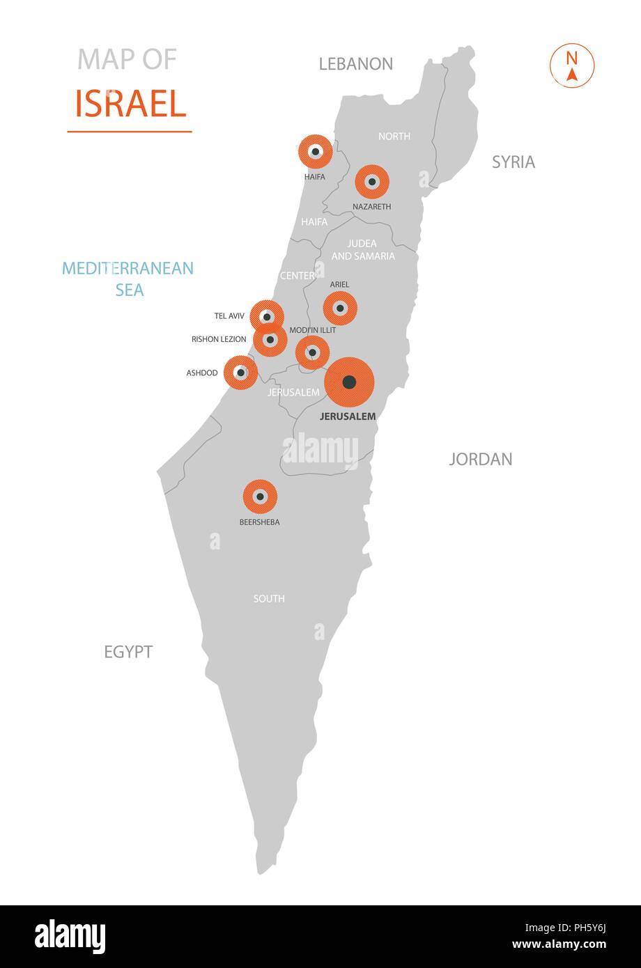 Vecteur stylisé Israël carte montrant les grandes villes, capitale Jérusalem, les divisions administratives et les frontières du pays Illustration de Vecteur