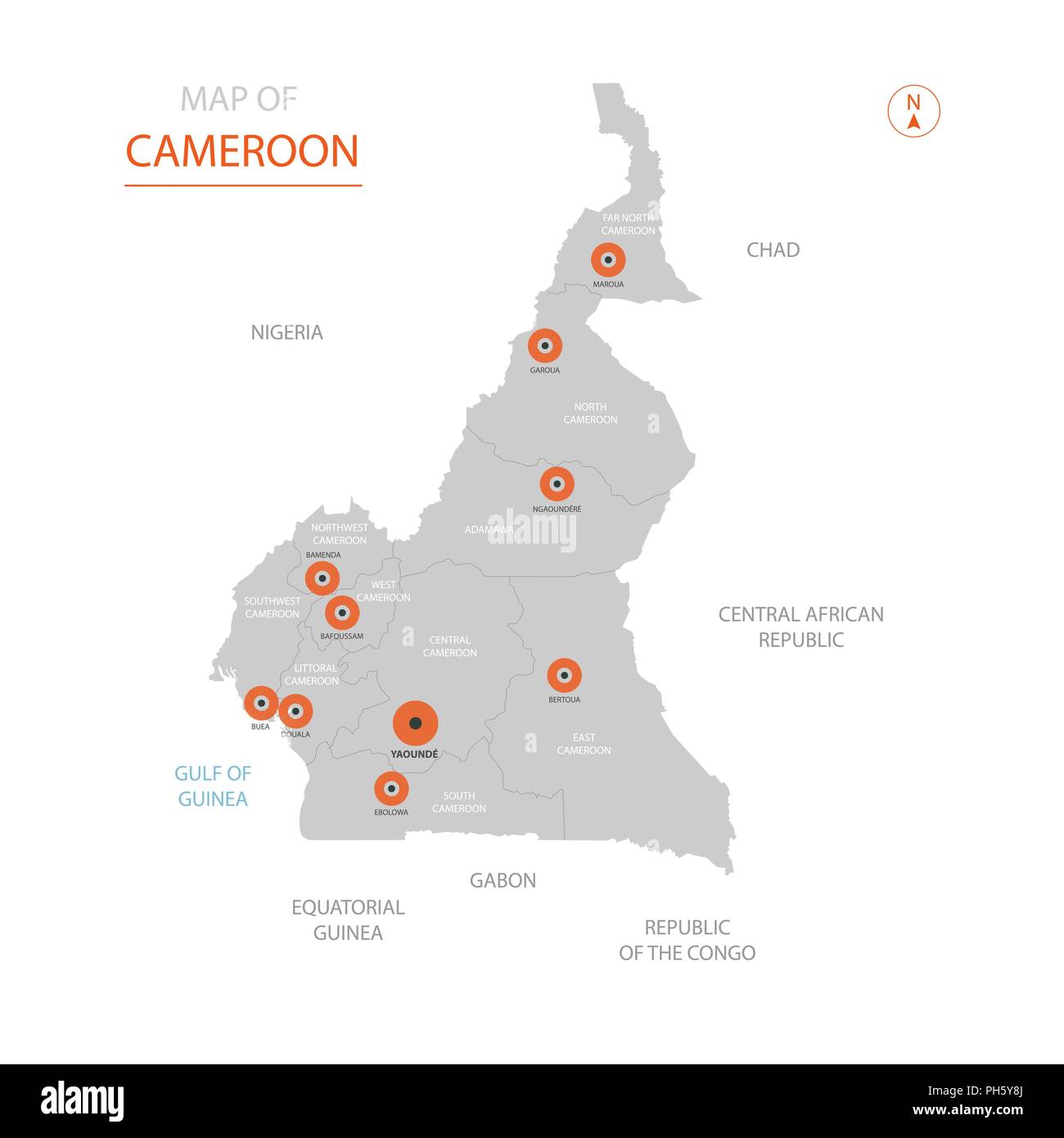 Vecteur stylisé Cameroun carte montrant les grandes villes, la capitale Yaoundé, divisions administratives. Illustration de Vecteur