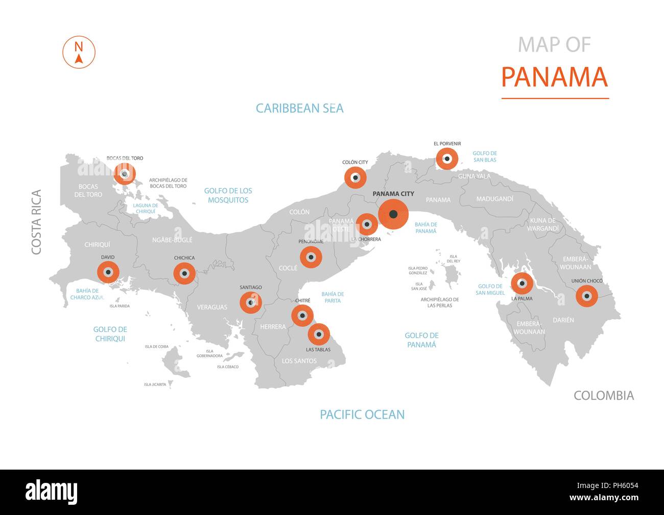 Vecteur stylisé Panama carte montrant les grandes villes, la capitale Panama City, divisions administratives. Illustration de Vecteur