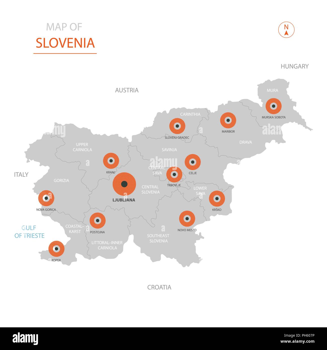 Vecteur stylisé Slovénie carte montrant les grandes villes, la capitale Ljubljana, les divisions administratives et les frontières du pays Illustration de Vecteur