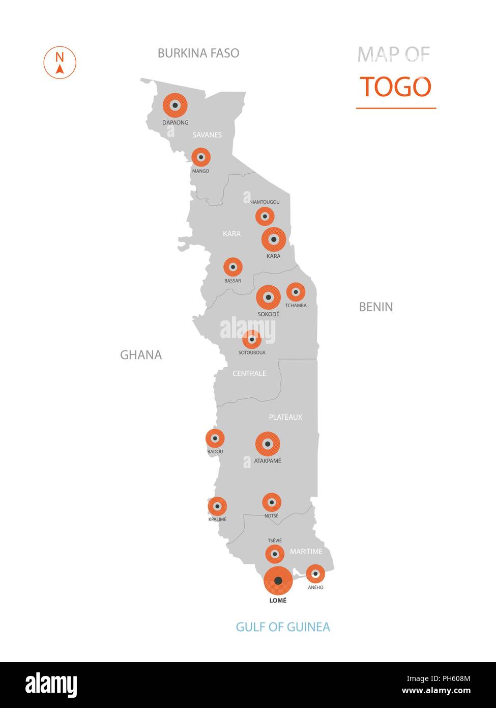 Vecteur stylisé Togo carte montrant les grandes villes, la capitale Lomé, divisions administratives. Illustration de Vecteur