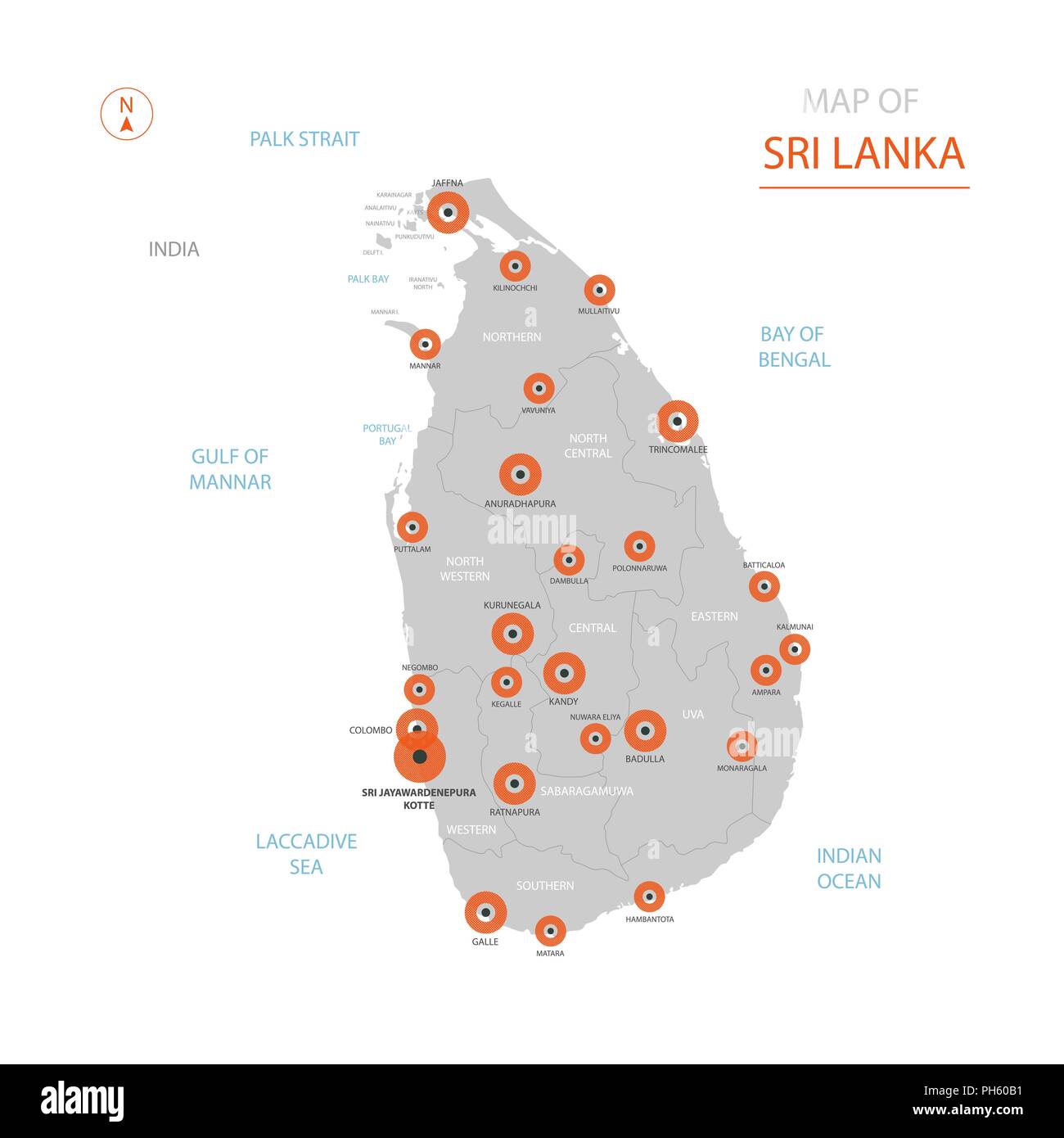 Vecteur stylisé Sri Lanka carte montrant les grandes villes, la capitale Sri Jayawardenepura Kotte, divisions administratives. Illustration de Vecteur