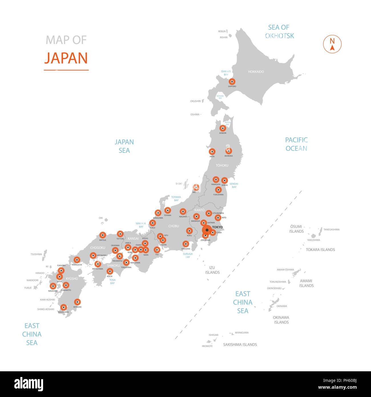 Vecteur Stylise Japon Carte Montrant Les Grandes Villes La Capitale Tokyo Divisions Administratives Image Vectorielle Stock Alamy