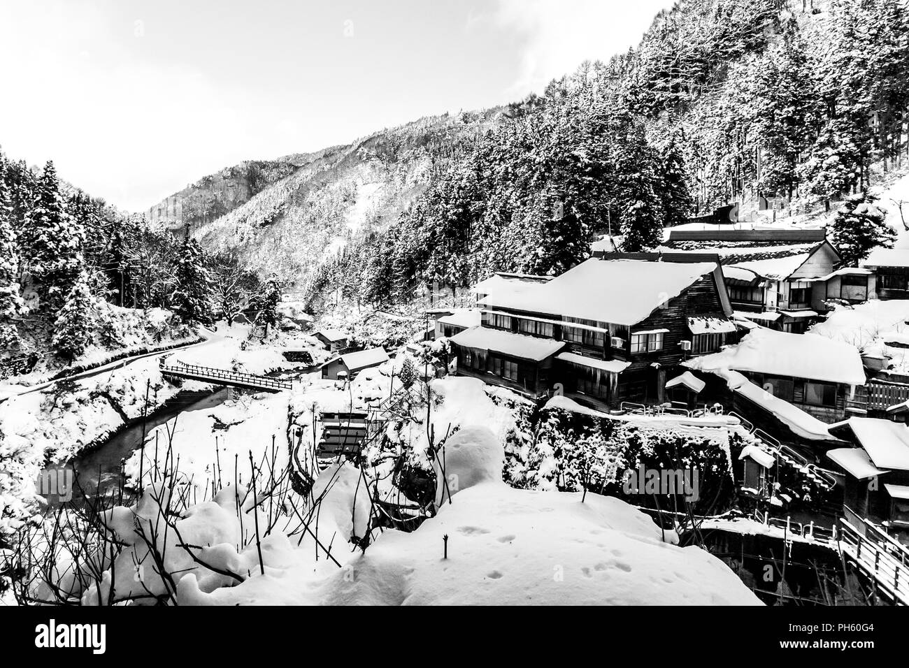 Village Japonais Yudanaka en hiver, Nagano Prefecture, Japan. Banque D'Images