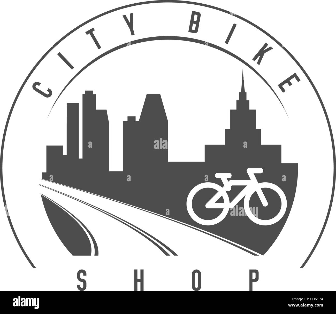 Boutique de vélos de ville, emblème d'un insigne. Vector Illustration monochrome. Bend Road et de grande ville. Location Simple Icône. Illustration de Vecteur