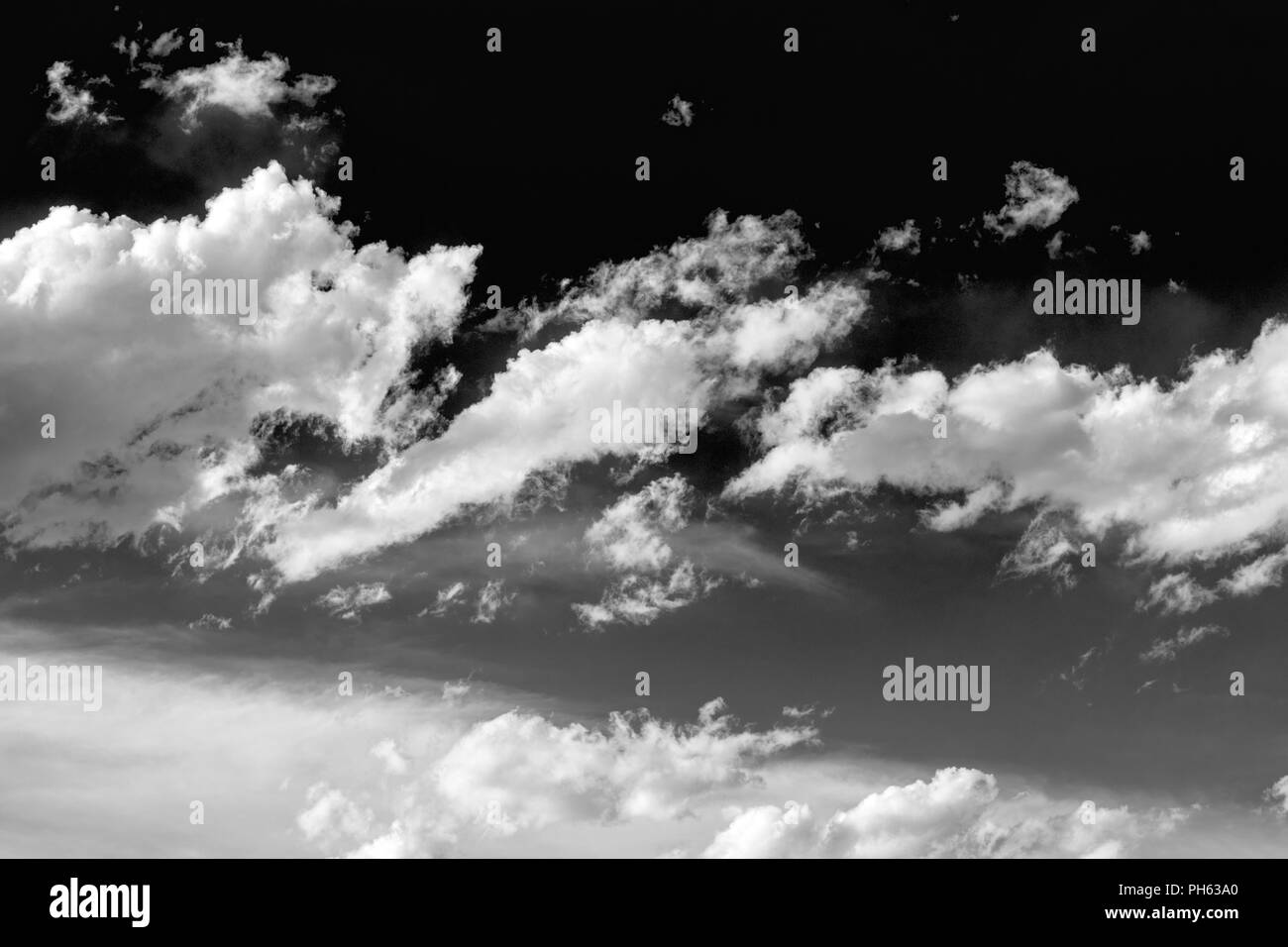 Vue en noir & blanc de puffy nuages cumulus blanc contre un ciel bleu clair le centre du Colorado, USA Banque D'Images