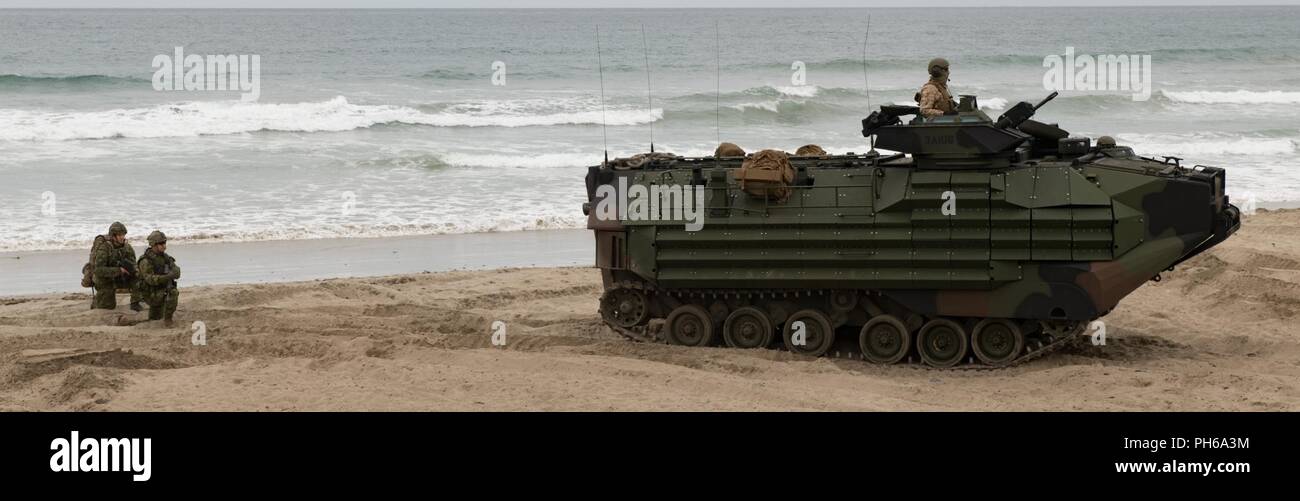 Deux membres des 2e Bataillon, Royal 22e Régiment attendre au cours de l'AAVP7A1 RAM/RS Assault véhicule amphibie à Red Beach formation Secteur d'entraînement pendant la biennale de Rim of the Pacific (RIMPAC) au Camp Talega, Camp Pendleton, en Californie, le 29 juin 2018. Vingt-cinq nations, plus de 45 navires et sous-marins, environ 200 avions et 25 000 personnes participent à l'EXERCICE RIMPAC du 27 juin au 2 août dans et autour des îles Hawaï et la Californie du Sud. Le plus grand exercice maritime international RIMPAC, fournit une formation unique tout en renforçant et en sust Banque D'Images