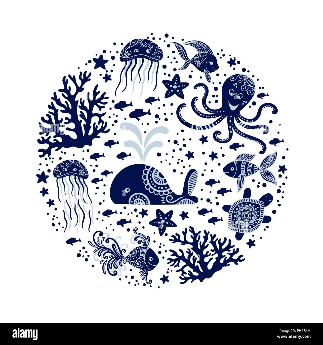 Les animaux de la mer Cartoon en cercle. Cute créatures sous-marines : baleine, le poulpe, méduses, étoiles de mer et des tortues. Parfait pour cartes de souhaits, des estampes et dessins des enfants. Vector design nautique. Illustration de Vecteur