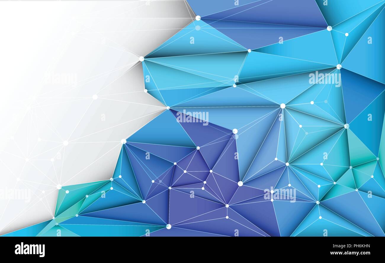 Vector 3D Illustration géométrique, polygone, ligne, forme Triangle avec structure molécule modèle. Avec polygonale vert, fond bleu. Abstract scienc Illustration de Vecteur