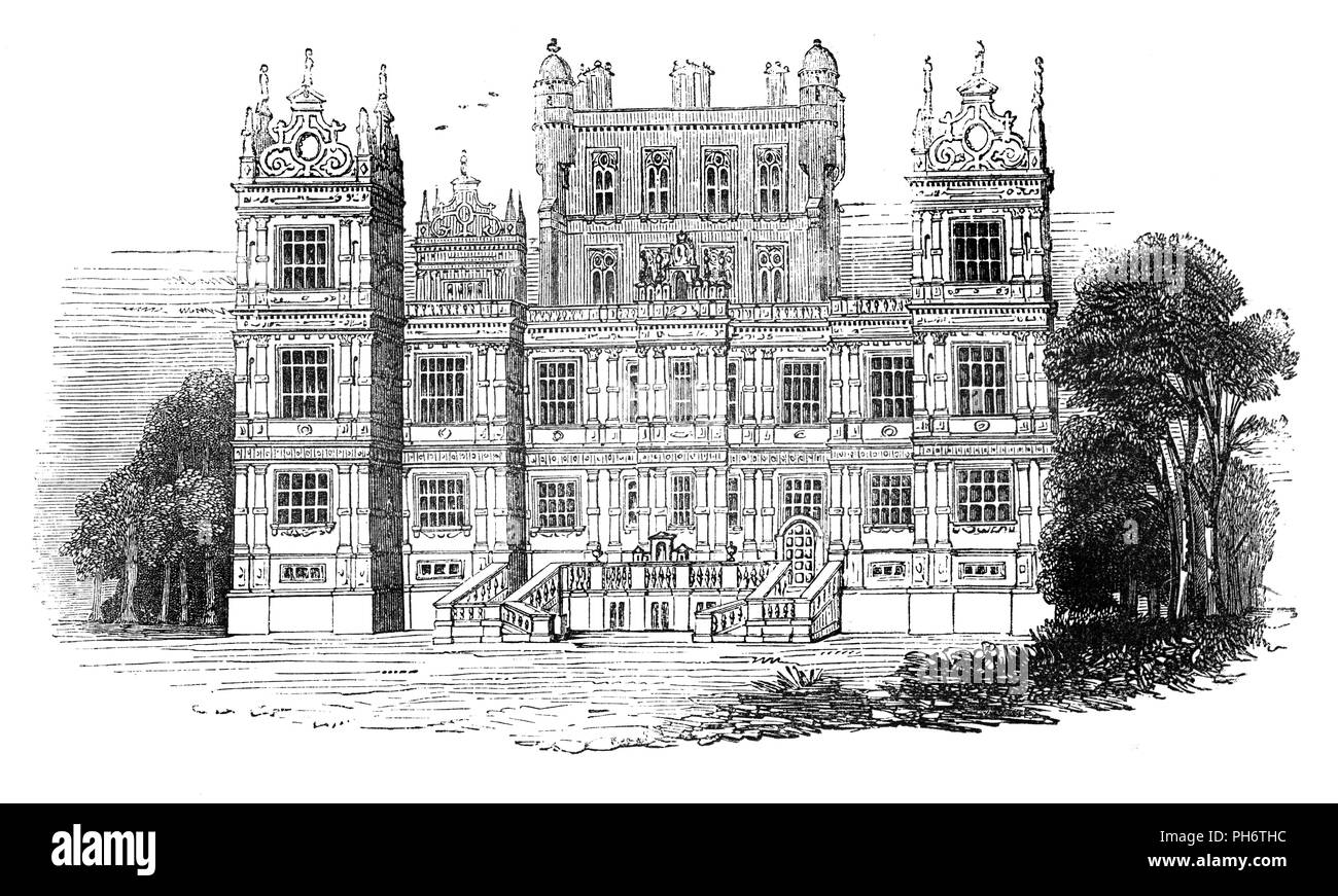 Wollaton Hall est une maison élisabéthaine à Nottingham, Angleterre, construit entre 1580 et 1588 pour Sir Francis Willoughby de ressources qu'il obtient principalement à partir du charbon. On pense qu'elle est conçue par l'architecte élisabéthain, Robert Smythson, qui ont incorporé des éléments de style jacobéen précoce. La famille Willoughby n'a été notée pour le nombre d'explorateurs ils ont produit, le plus célèbre Sir Hugh Willoughby qui sont morts dans l'Arctique en 1554 de tenter le passage du nord-est, Willoughby's Land est nommé d'après lui. Banque D'Images