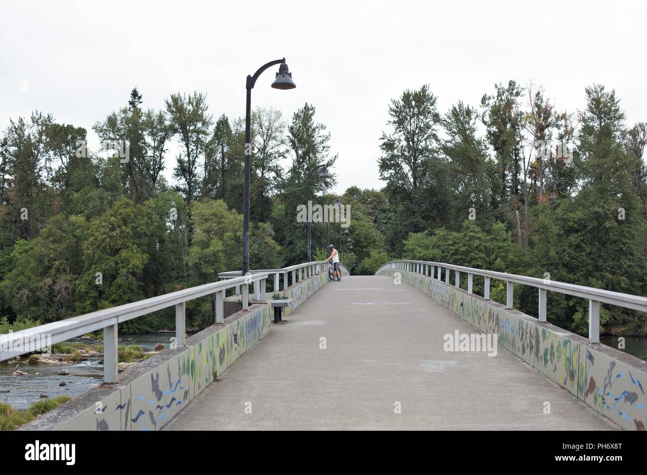 Une personne traversant une passerelle à Alton Baker park à Eugene, Oregon, USA. Banque D'Images