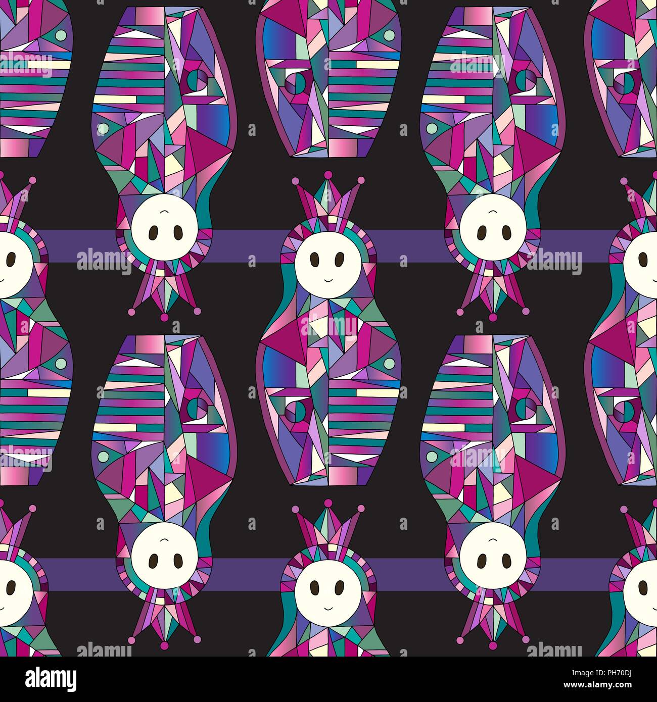 Matrioshka girl hand drawn vector pattern. Poupée de nidification avec arrière-plan de la couronne dans un style moderne. Illustration de Vecteur