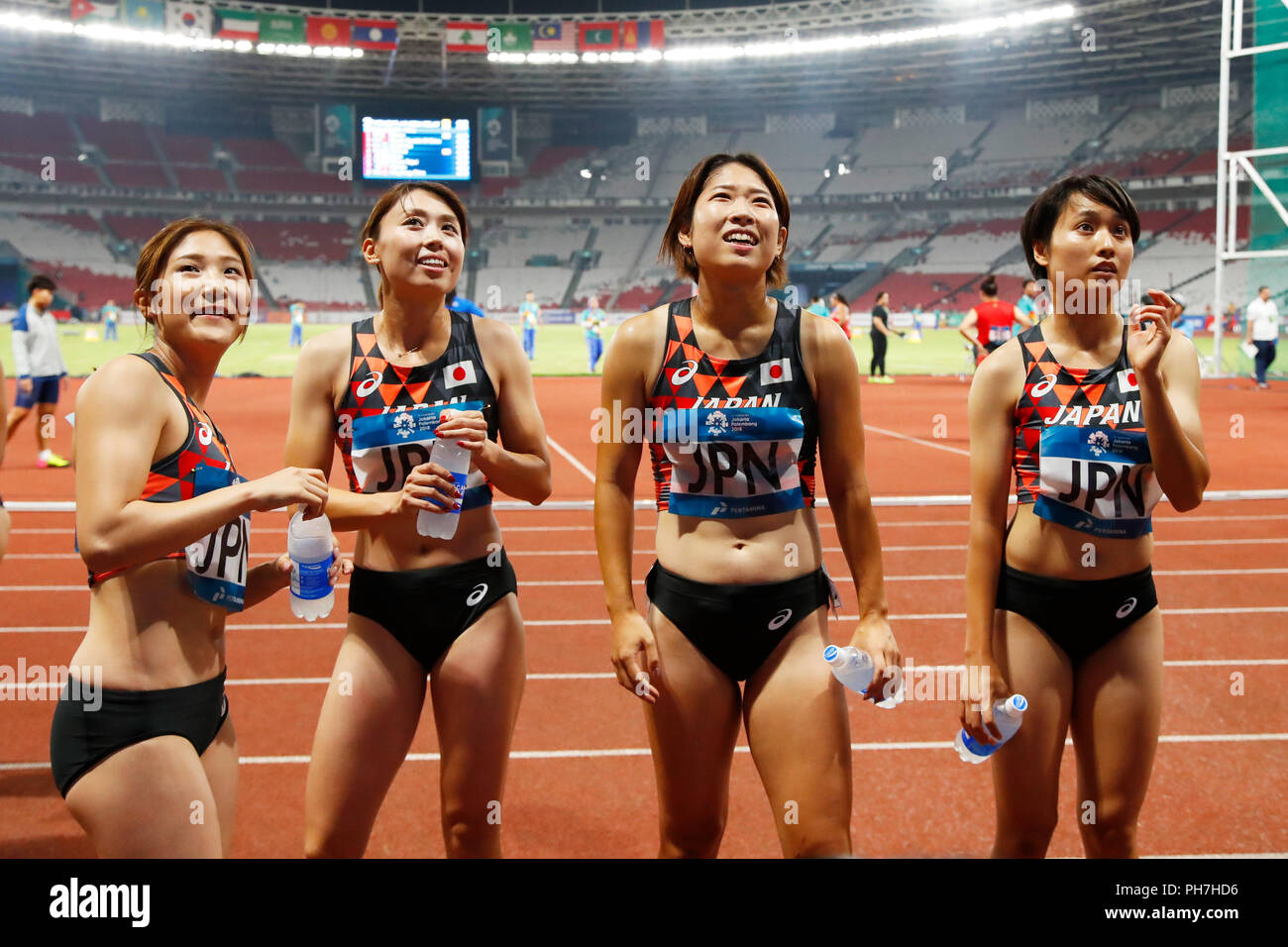 Jakarta, Indonésie. Août 30, 2018. (L à R) Nodoka Seko, Ichikawa Kana, Masumi Aoki, Midori Mikase (JPN) Athlétisme : les relais 4x100m en finale Stade Bung from Stade principal au cours de la 2018 Jeux Asiatiques Palembang Jakarta à Jakarta, Indonésie . Credit : Naoki Morita/AFLO SPORT/Alamy Live News Banque D'Images