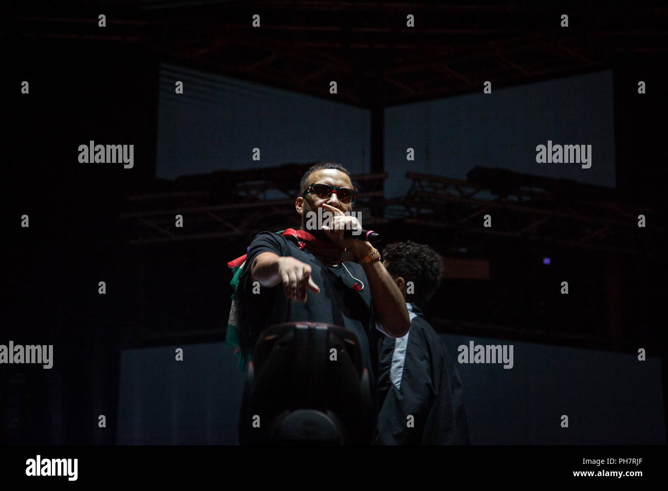 NOVI SAD, SERBIE - Juillet 14, 2018 : French Montana, alias Karim Kharbouch, un rappeur américain et l'enregistrement de l'artiste, sur scène au cours de la d'exi Banque D'Images