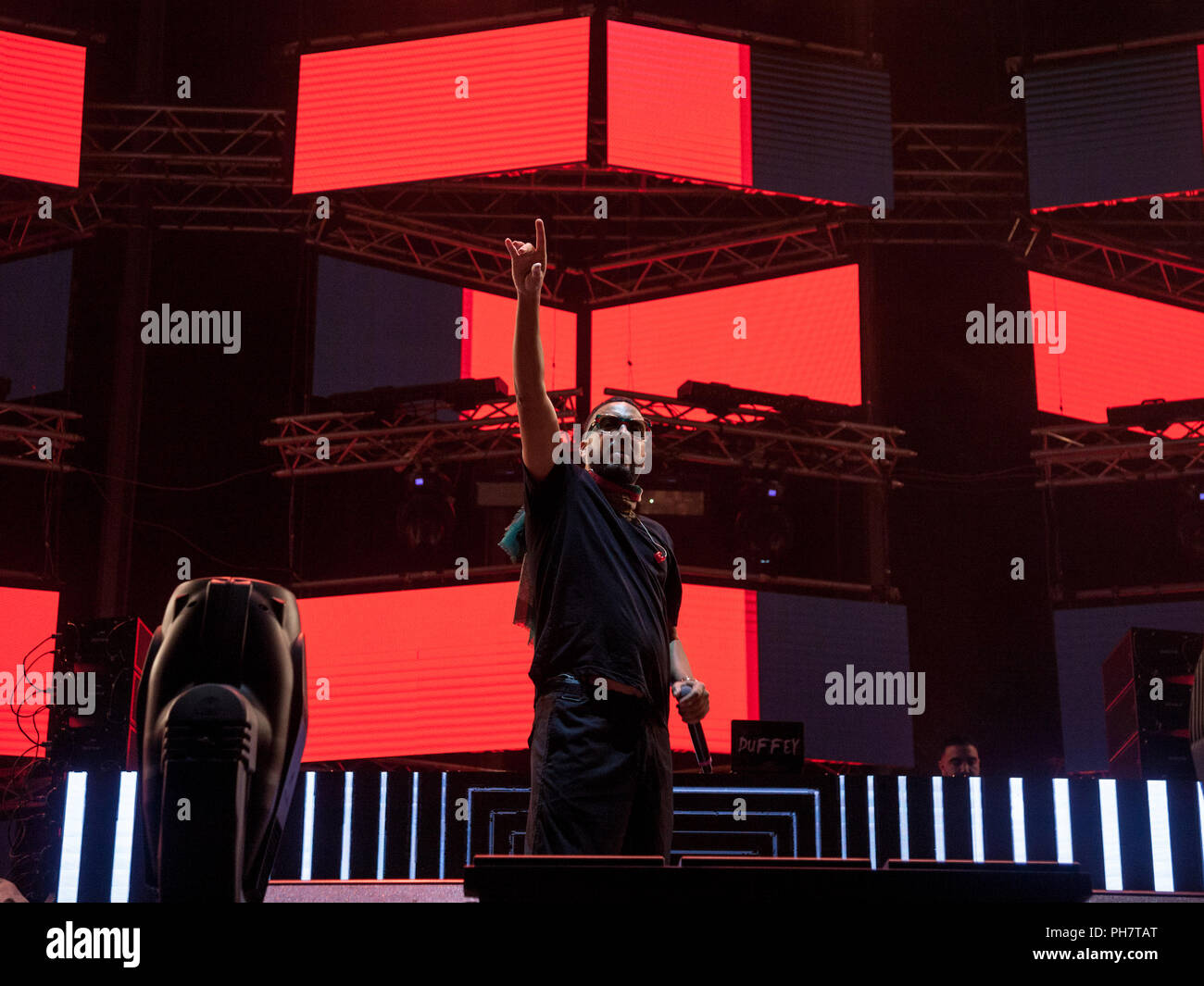 NOVI SAD, SERBIE - Juillet 14, 2018 : French Montana, alias Karim Kharbouch, un rappeur américain et l'enregistrement de l'artiste, sur scène au cours de la d'exi Banque D'Images