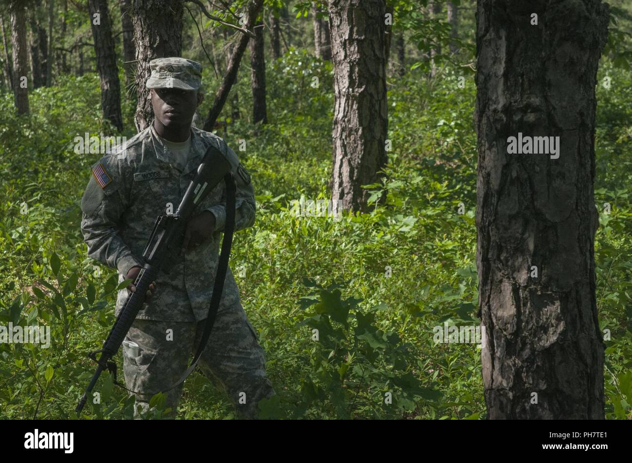 Soldat de réserve de l'armée américaine Circuit Adam Woods recherche les soldats ennemis au cours d'un exercice d'incendie à réagir au Joint Base McGuire-Dix-Lakehurst, New Jersey. 18 La foudre est annuelle de deux semaines une formation qui assure le 335e et ses soldats sont formés et prêts à déployer à court préavis et apporter capable, aptes au combat, et la puissance de feu meurtrière à l'appui de l'armée et nos partenaires n'importe où dans le monde. Banque D'Images