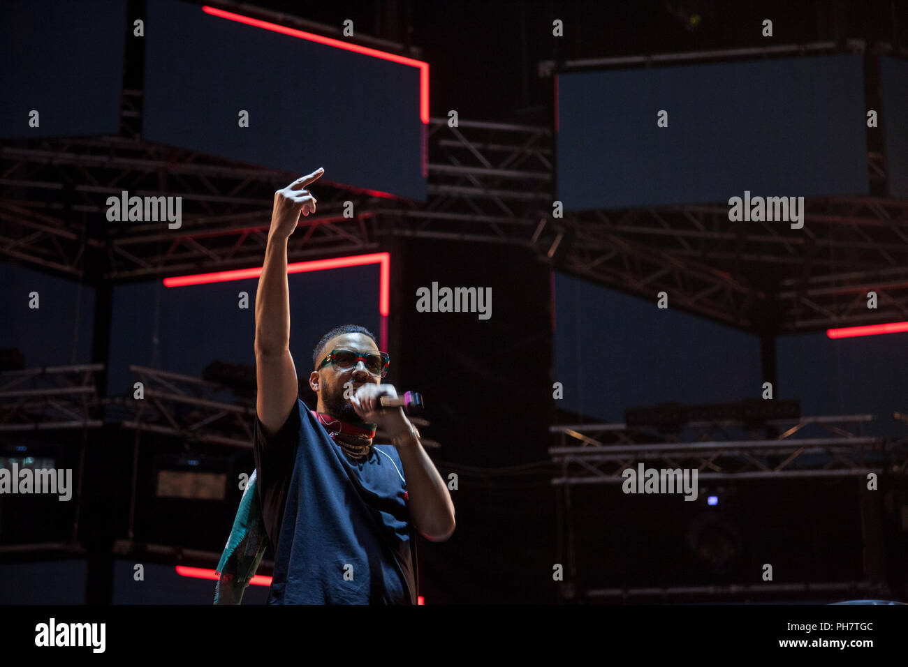 NOVI SAD, SERBIE - Juillet 14, 2018 : French Montana, alias Karim Kharbouch, un rappeur américain et l'enregistrement de l'artiste, sur scène au cours de la d'exi Banque D'Images