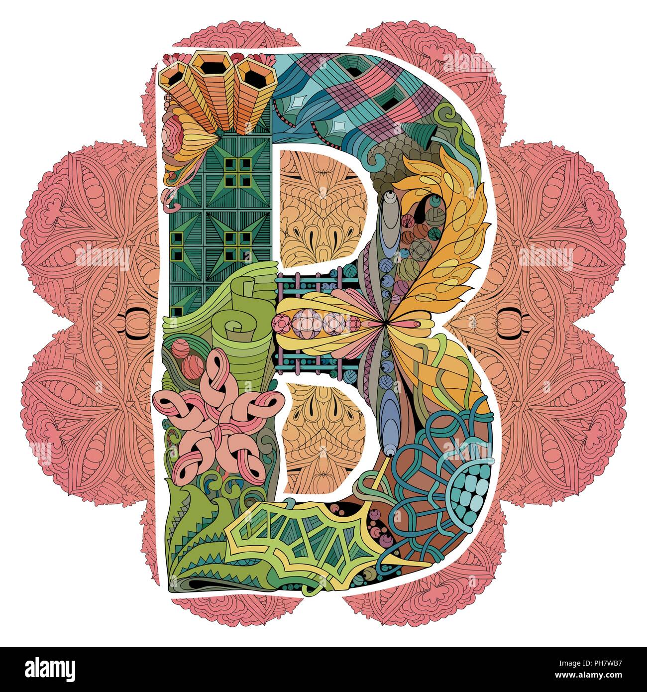 La conception de l'art peint à la main. Mandala avec la lettre B pour la décoration Illustration de Vecteur