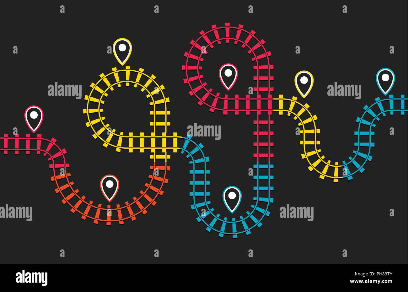 Carte des stations de chemin de fer, voie de chemin de fer, voie ferroviaire, train direction carte colorés sur fond noir, métro Vue de dessus, l'infographie, éléments d'illustration vectorielle simple. Illustration de Vecteur