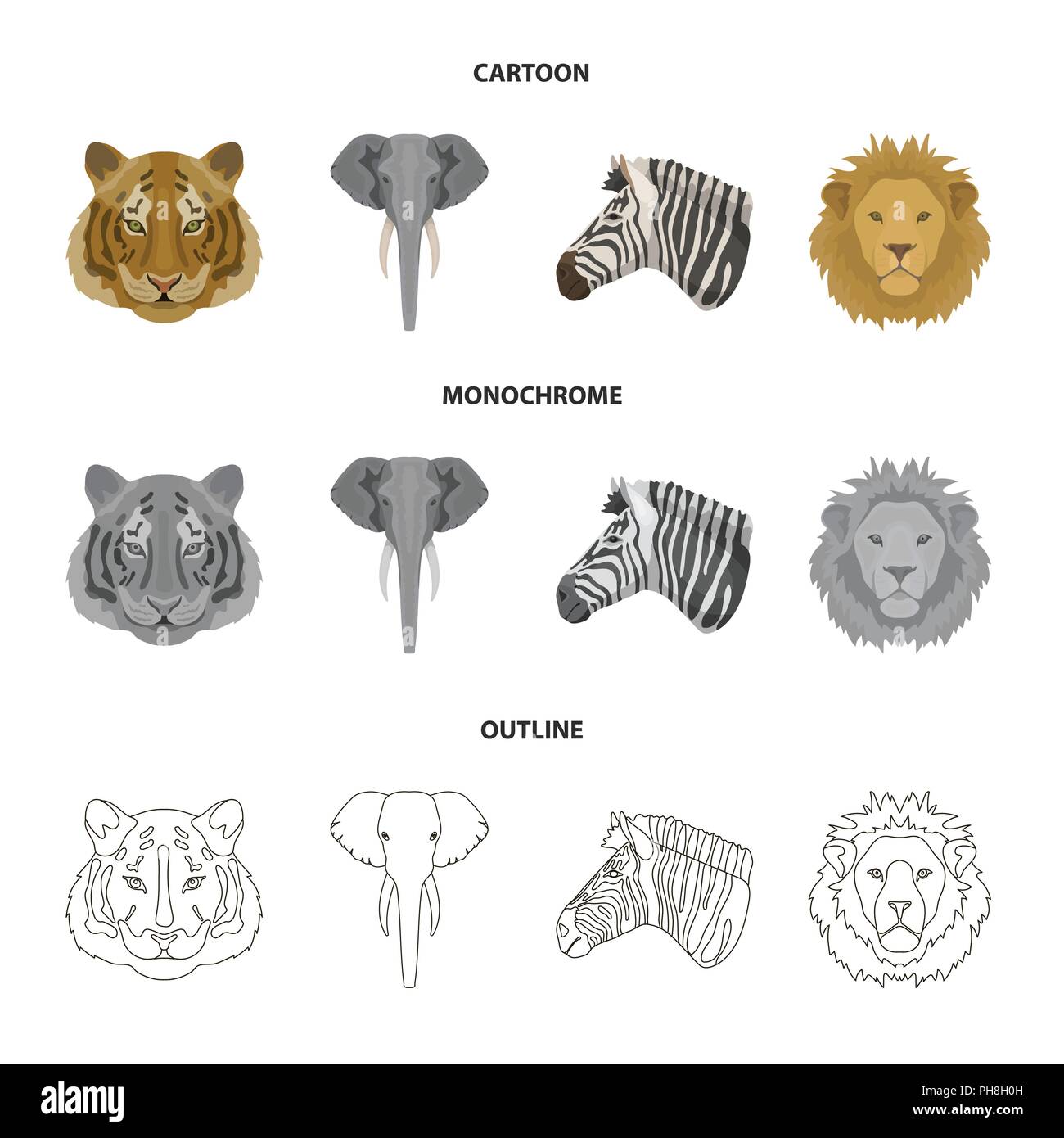 Tigre, lion, éléphant, zèbre, animaux réalistes collection set icônes de cartoon,style monochrome,contour symbole vecteur illustration de stock . Illustration de Vecteur