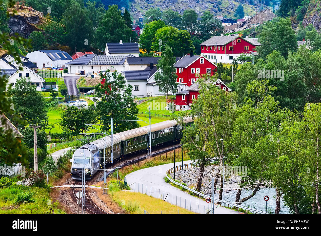 La Norvège, Flam Myrdal en train village norvégien Sognefjord près de fjord, d'intérêt local Banque D'Images