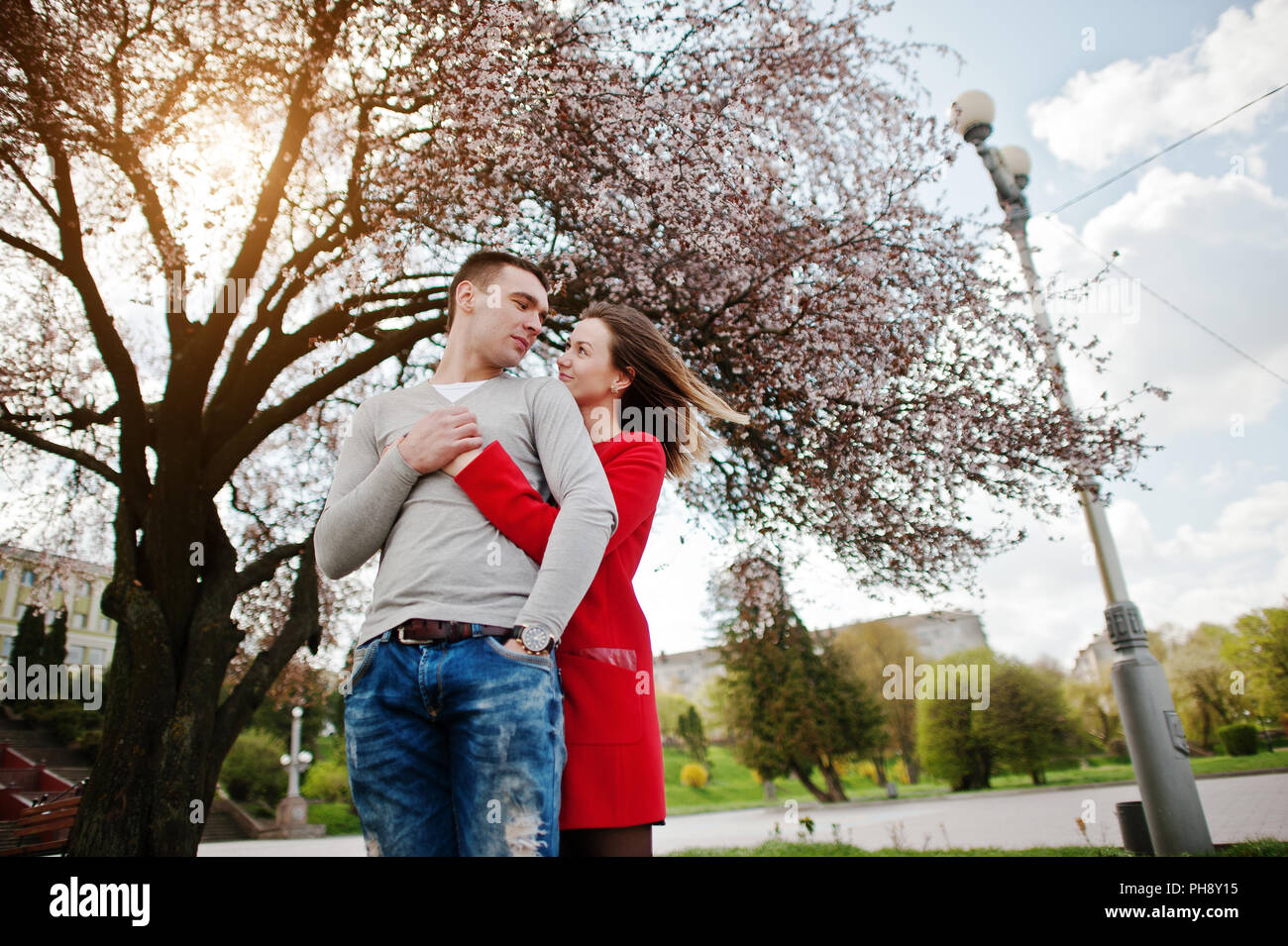Hugging couple in love background cherry tree blossom avec sunbeam Banque D'Images