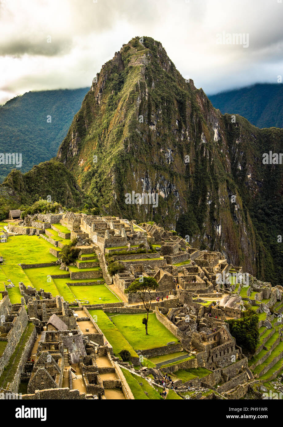 Machu Picchu sanctuaire avec la montagne Huayna Picchu derrière elle. Vue depuis l'agriculture Inca/terrasses de jardin. Machu Picchu, au Pérou. Banque D'Images