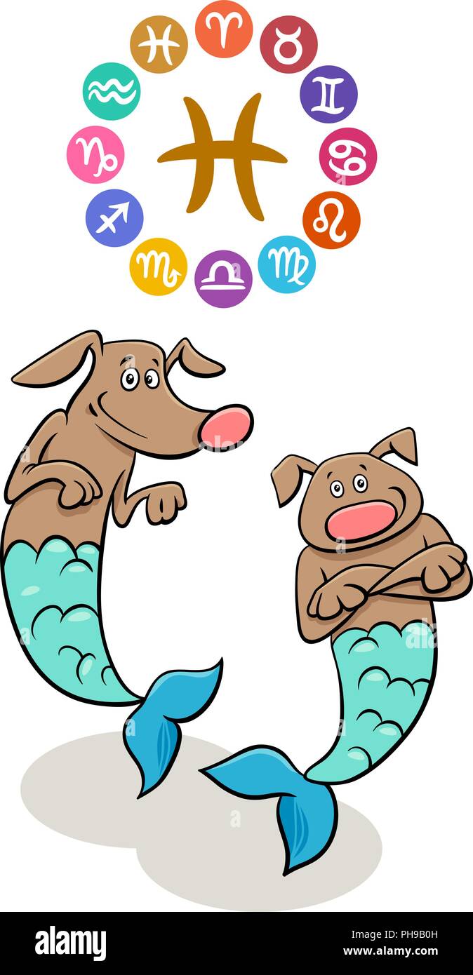 Cartoon Illustration de poissons signe du zodiaque avec Funny Dog Illustration de Vecteur