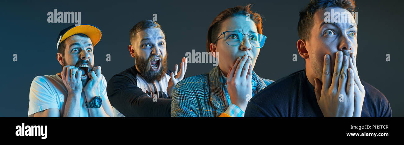 Collage sur les émotions des fans de télévision. Des cris, de la haine, de la rage. Les hommes en colère émotionnelle pleurer crier de lumières colorées au studio. Gros plan des visages. Les droits de l'expression faciale, concept. Banque D'Images