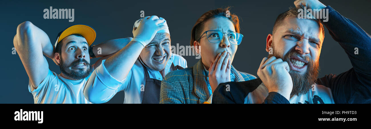 Collage sur les émotions des fans de télévision. Des cris, de la haine, de la rage. Les hommes en colère émotionnelle pleurer crier de lumières colorées au studio. Gros plan des visages. Les droits de l'expression faciale, concept. Banque D'Images