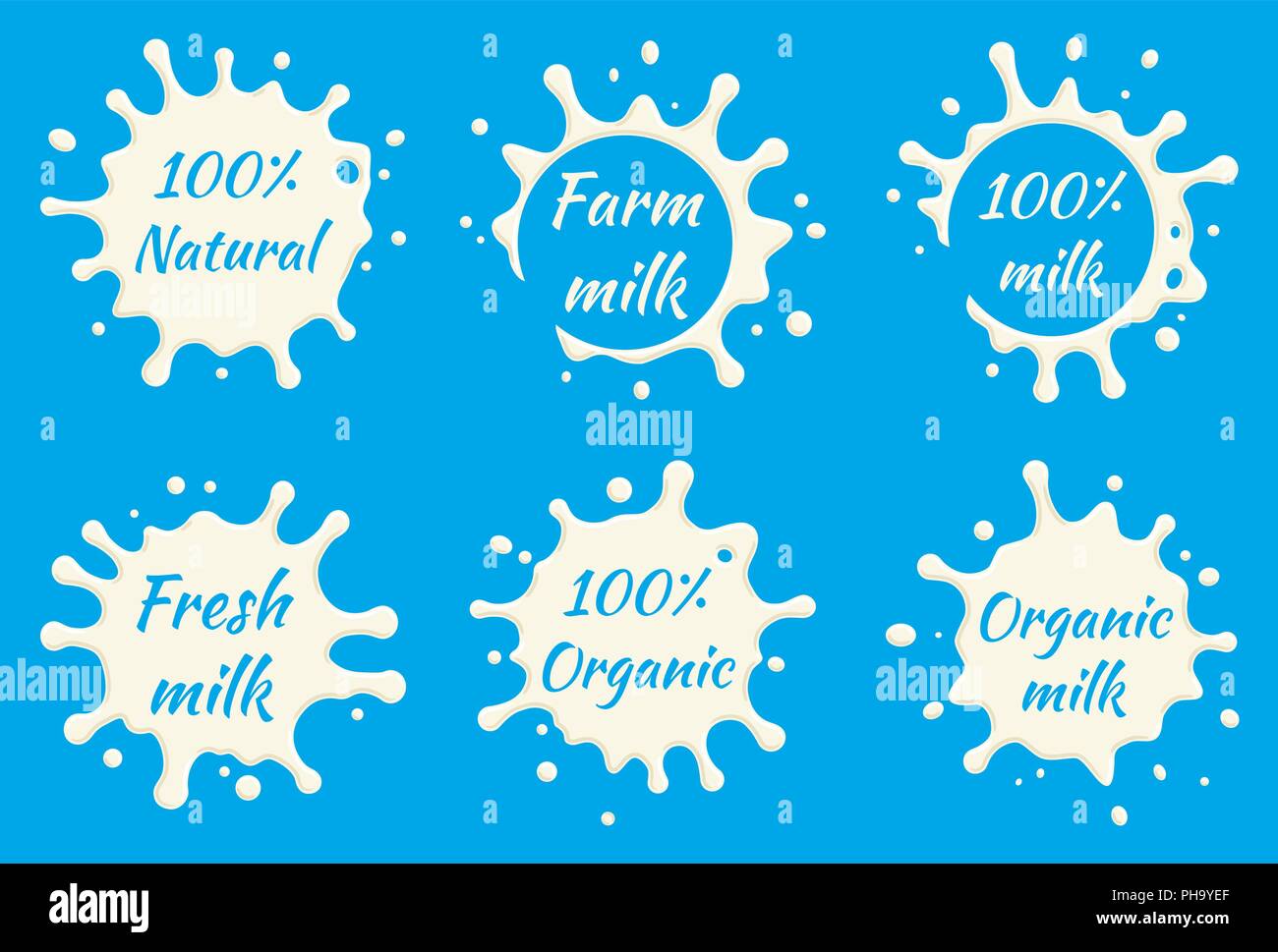 Étiquettes lait vector set. Splash de lait et blot design, forme creative illustration. Illustration de Vecteur