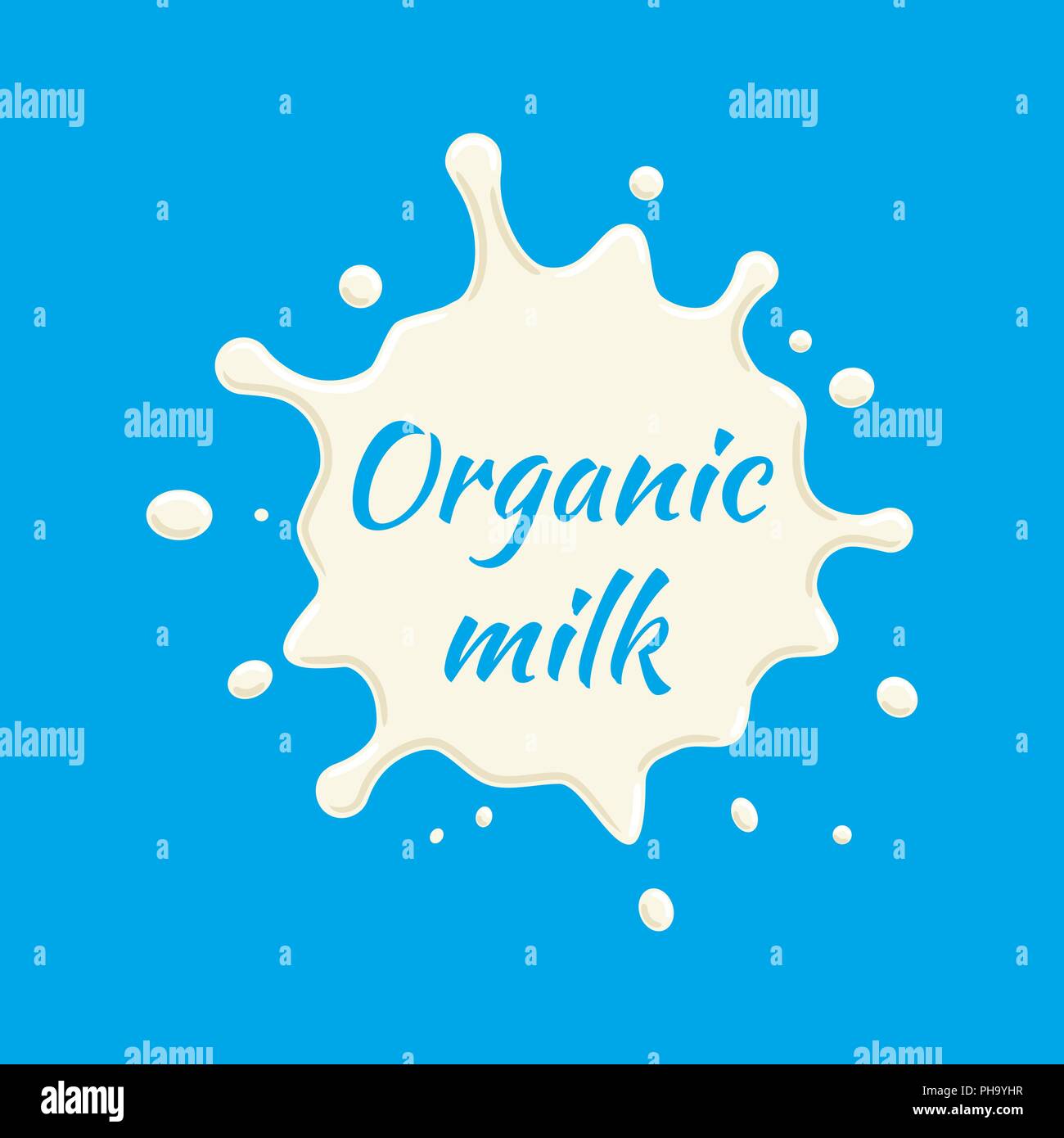 L'étiquette du lait biologique vecteur. Splash de lait et blot design, forme creative illustration. Illustration de Vecteur