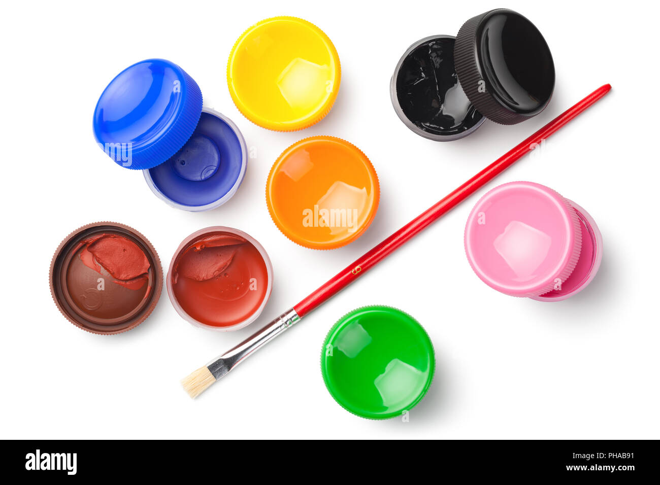 Gouache peintures de couleur avec le pinceau isolé sur fond blanc Banque D'Images