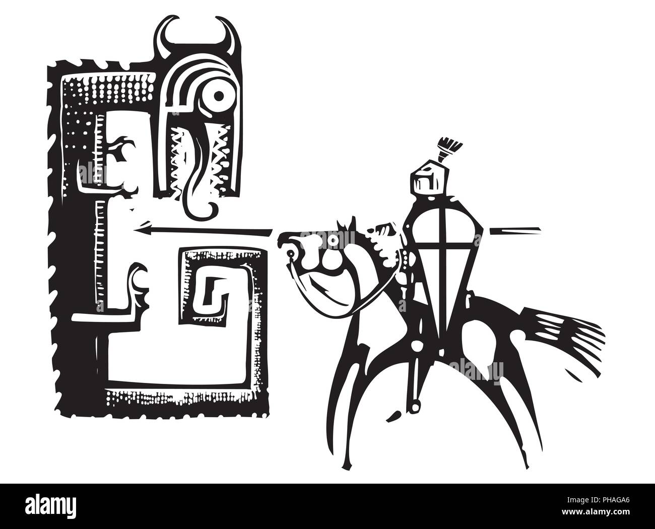 Image style gravure sur bois de l'expressionniste chevalier saint Georges terrassant le dragon Illustration de Vecteur