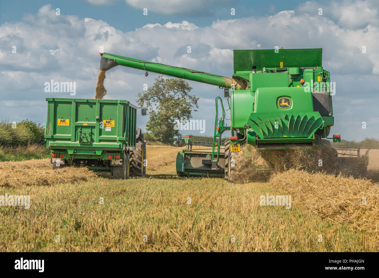 Un John Deere moissonneuse-batteuse Hillmaster au travail l'exercice de l'orge de printemps récoltée dans une remorque Banque D'Images