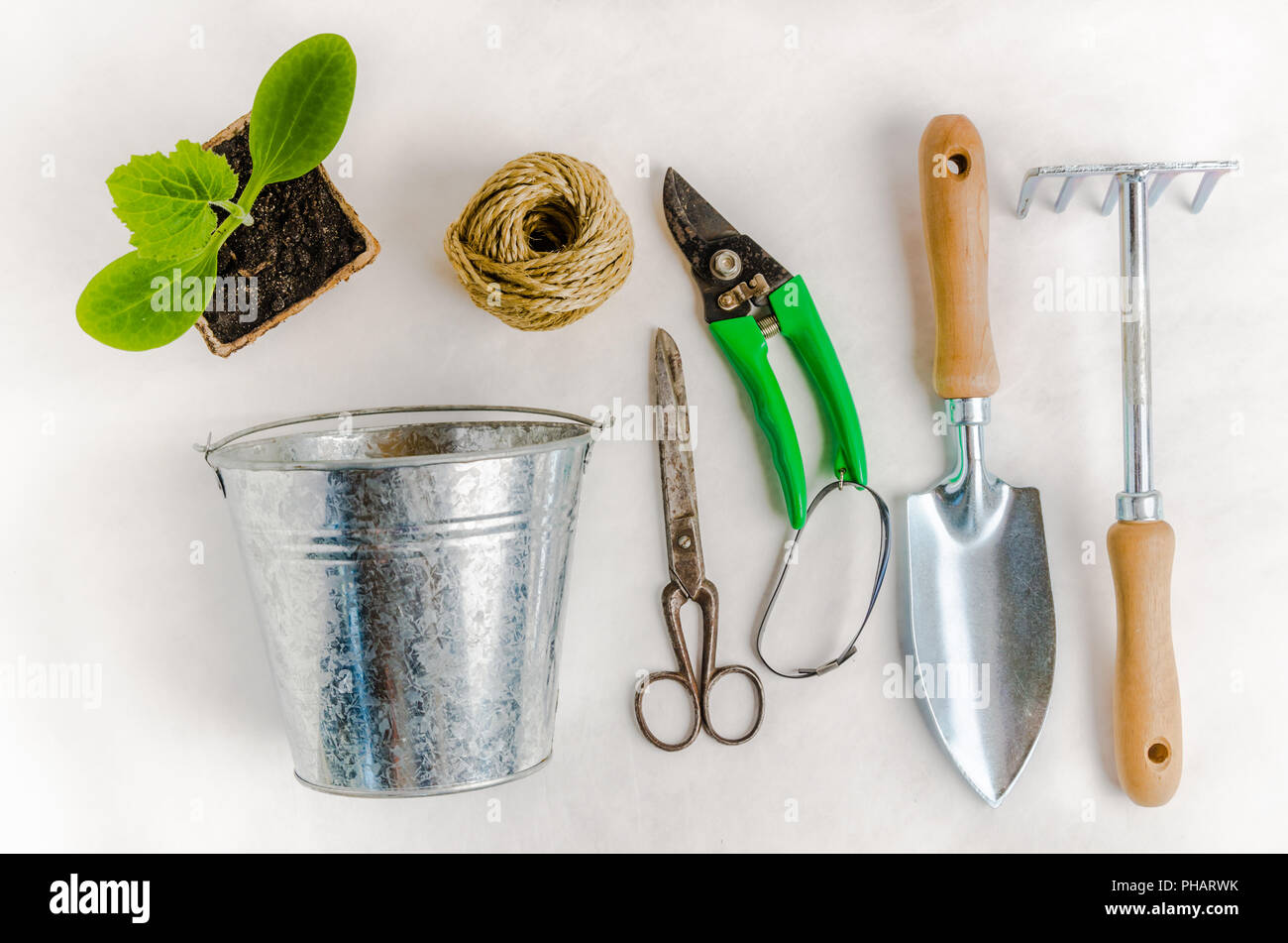 Outils de jardin pour la plantation, sur fond blanc Banque D'Images