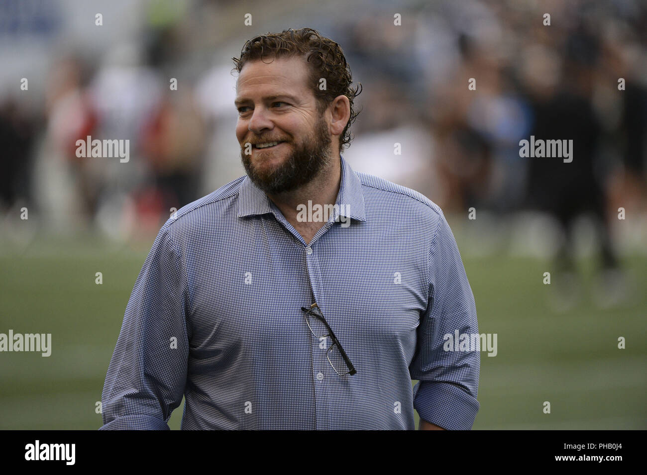 Seattle, Washington, USA. Août 30, 2018. Seattle Seahawk GM JOHN SCHNEIDER à l'écart avant le match que l'Oakland Raiders jouent les Seattle Seahawks NFL preseason dans un match au siècle Lien Field à Seattle, WA. Crédit : Jeff Halstead/ZUMA/Alamy Fil Live News Banque D'Images