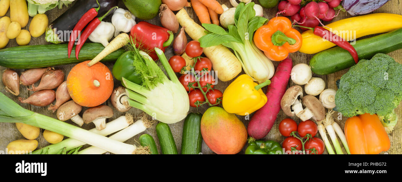 Panorama des fruits légumes frais Banque D'Images