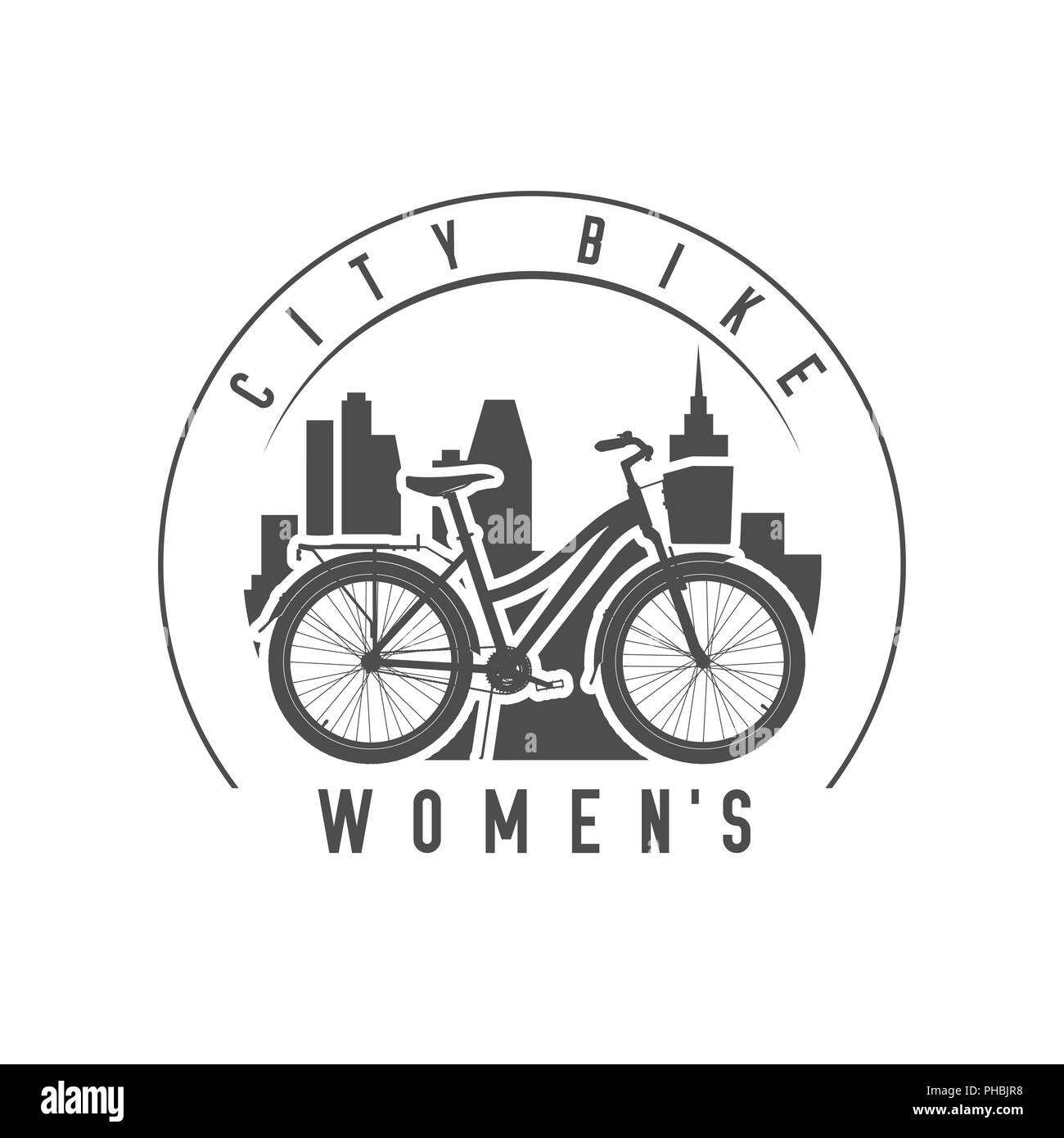 Dame ou femmes City Comfort vélo avec un panier et Trunk emblème, insigne. Illustration monochrome. Dame ou les femmes Location Silhouette détaillées. Banque D'Images