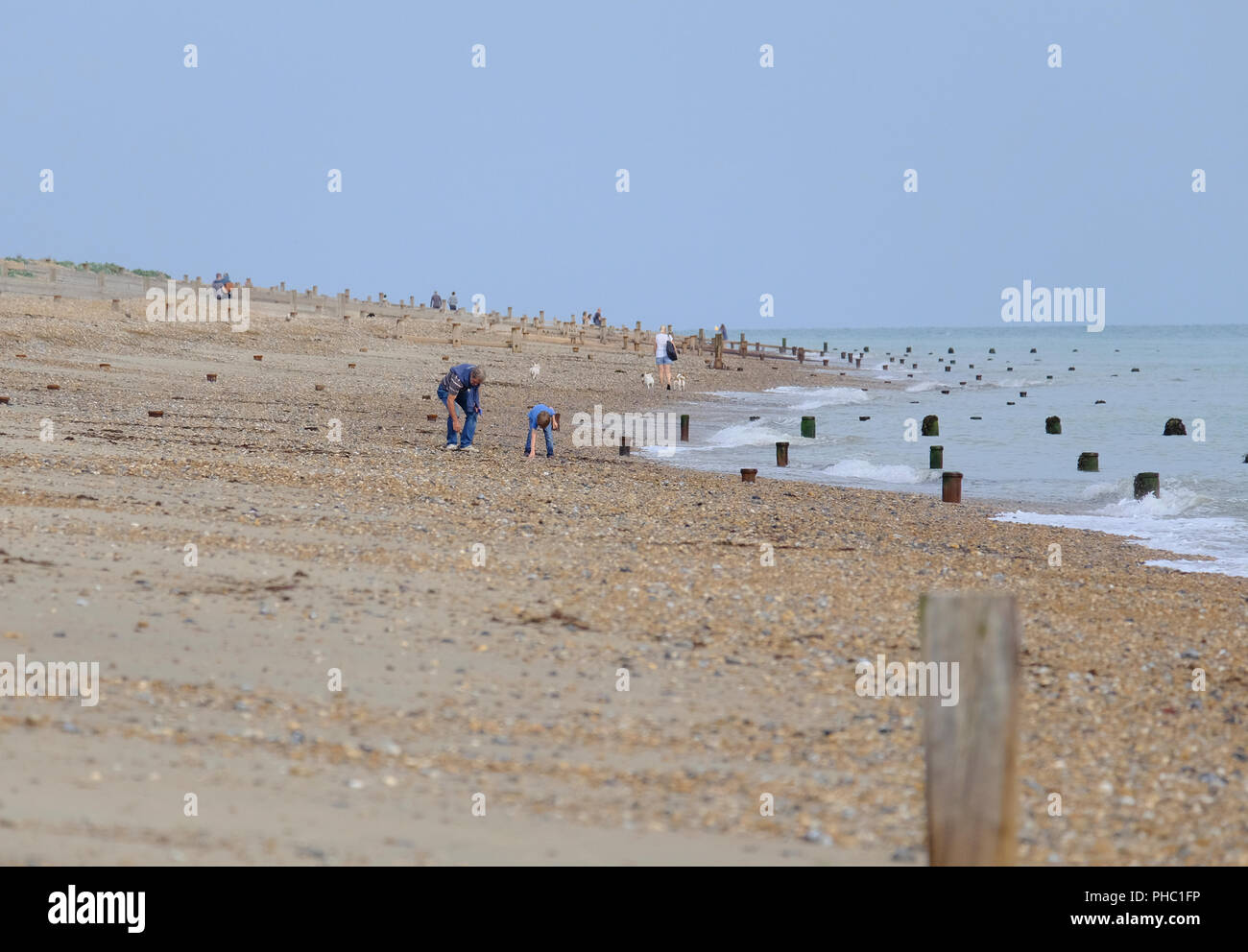 Père et fils épaves à marée basse, East Preston beach, West Sussex, UK Banque D'Images