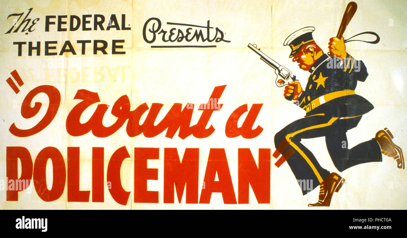 Pour l'affiche de présentation du projet théâtre fédéral 'Je veux un policier' au Savoy Theatre, montrant un policier en marche avec des tracés et portant un baton Banque D'Images