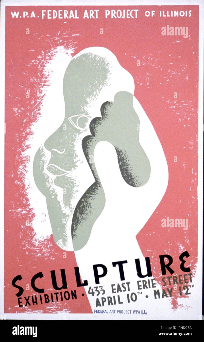 Affiche pour une exposition de sculpture parrainé par la W.P.A. Federal Art Project, montrant une main tenant l'argile qui a été façonné en forme de visage. Banque D'Images